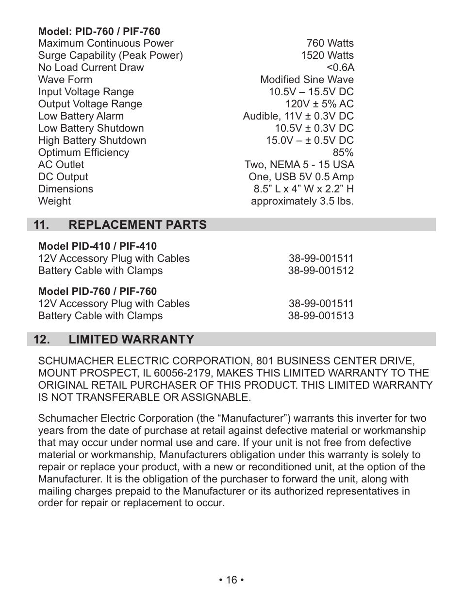Schumacher Power Inverter PID-410 User Manual | Page 16 / 42