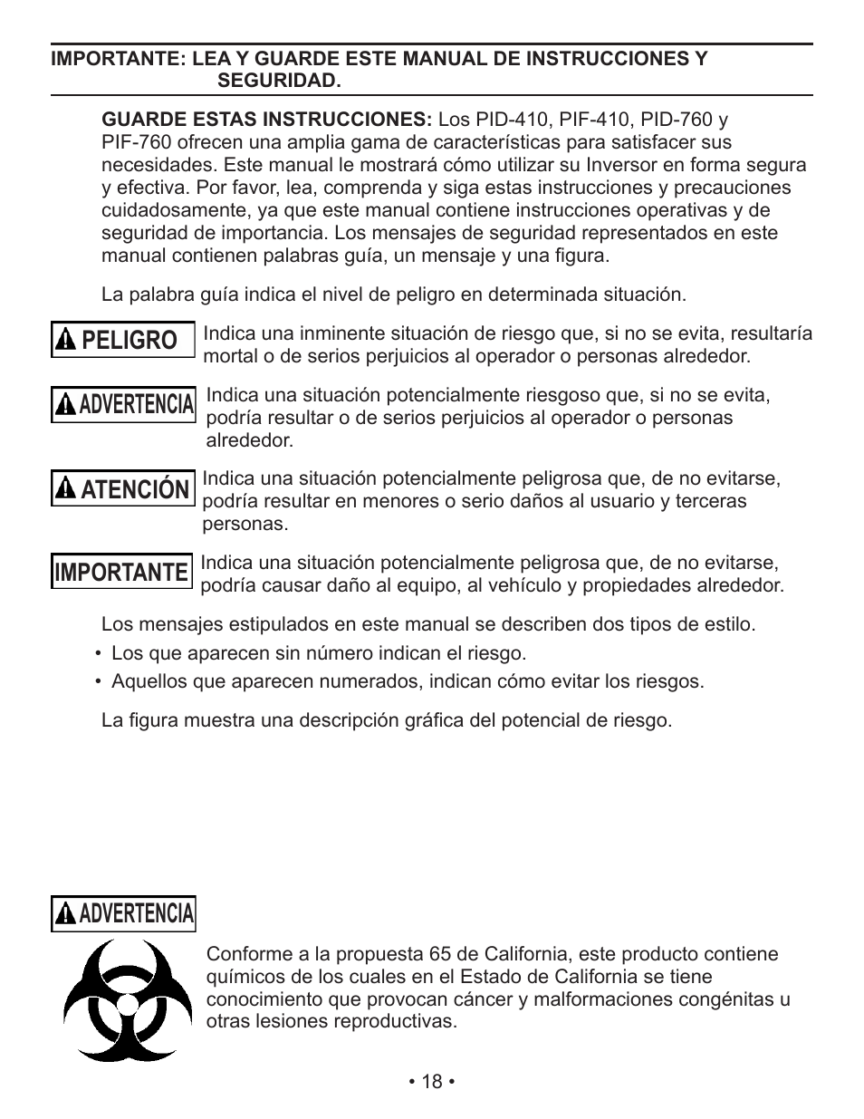 Advertencia, Peligro, Atención | Importante | Schumacher Power Inverter PID-410 User Manual | Page 18 / 42