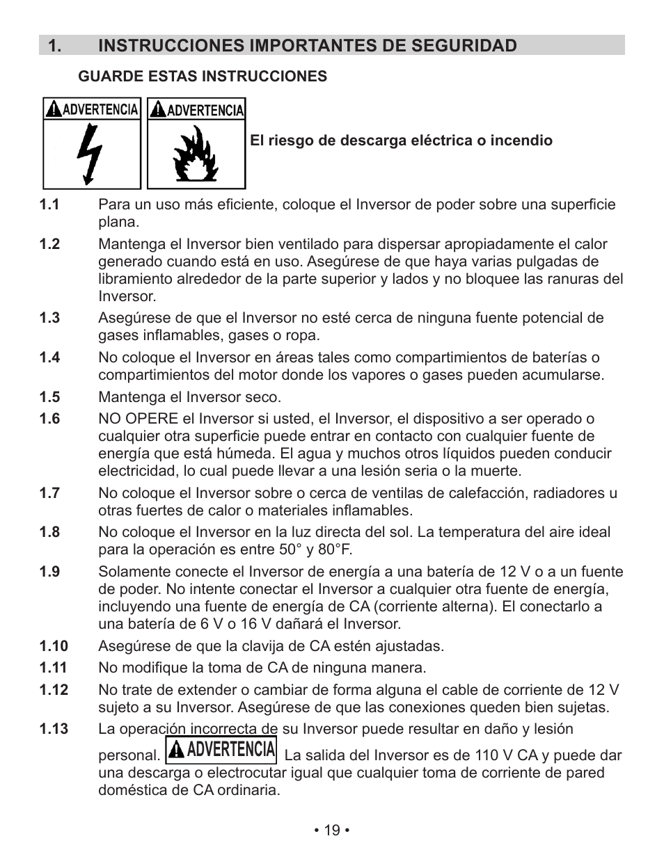 Advertencia | Schumacher Power Inverter PID-410 User Manual | Page 19 / 42