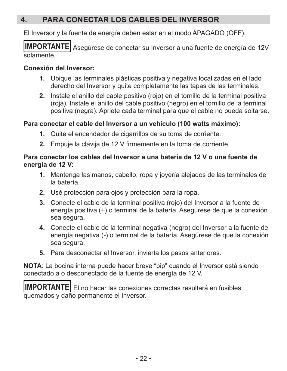 Importante | Schumacher Power Inverter PID-410 User Manual | Page 22 / 42
