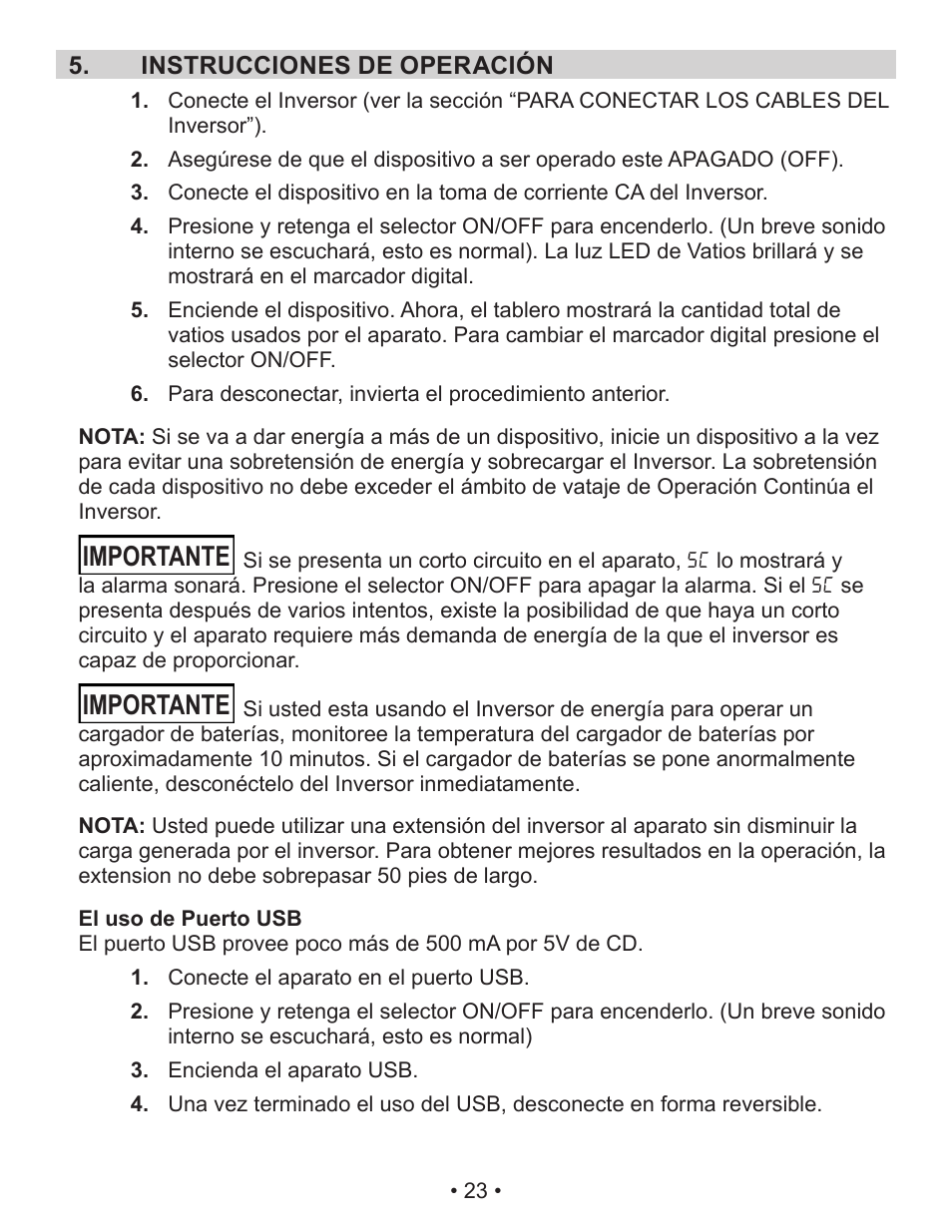 Importante | Schumacher Power Inverter PID-410 User Manual | Page 23 / 42