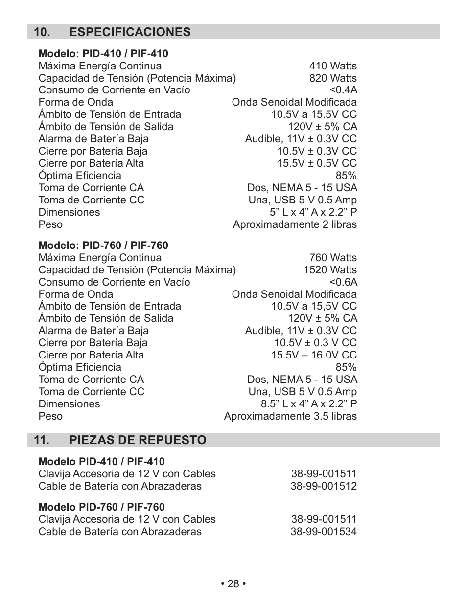 Schumacher Power Inverter PID-410 User Manual | Page 28 / 42