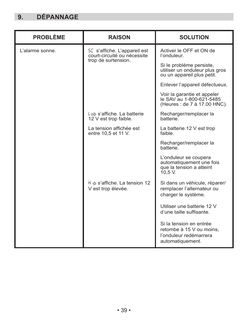 Dépannage 9 | Schumacher Power Inverter PID-410 User Manual | Page 39 / 42