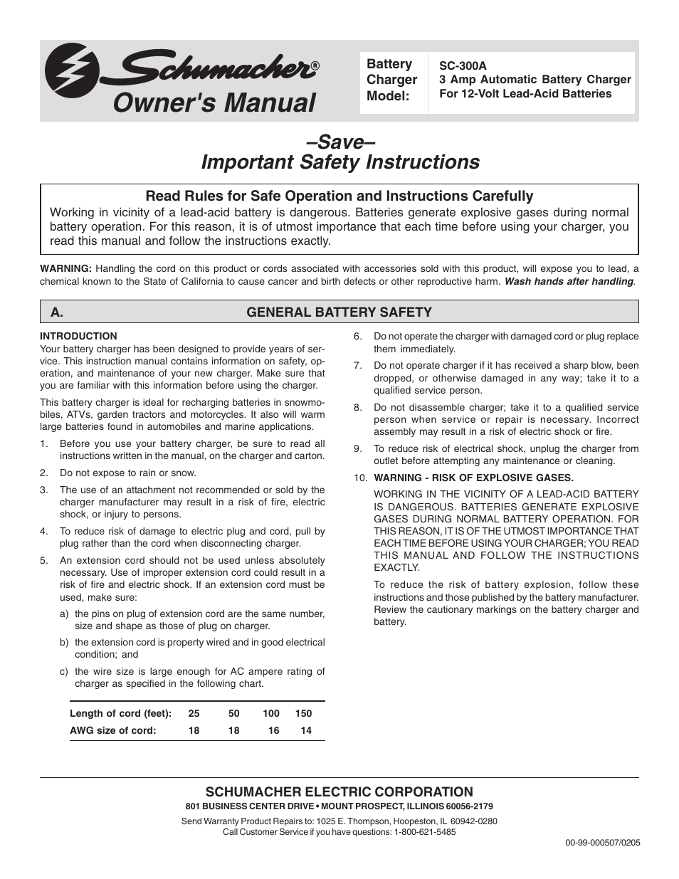 Schumacher SC-300A User Manual | 4 pages
