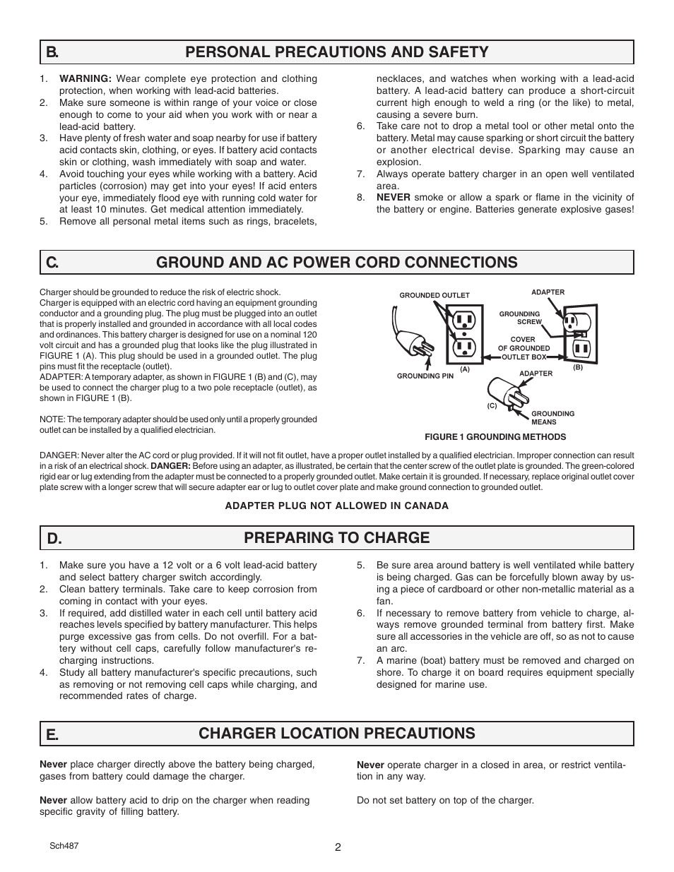 Charger location precautions e, Preparing to charge d | Schumacher SE 3612 User Manual | Page 2 / 8