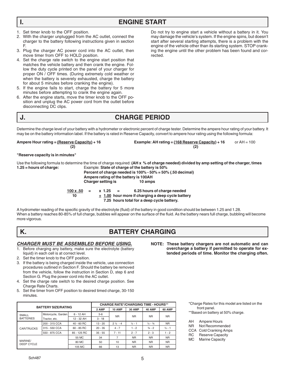 I. engine start, J. charge period, K. battery charging | Charger must be assembled before using | Schumacher SE 3612 User Manual | Page 5 / 8