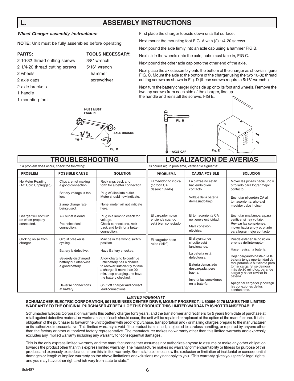 L. assembly instructions, Localizacion de averias, Troubleshooting | Schumacher SE 3612 User Manual | Page 6 / 8