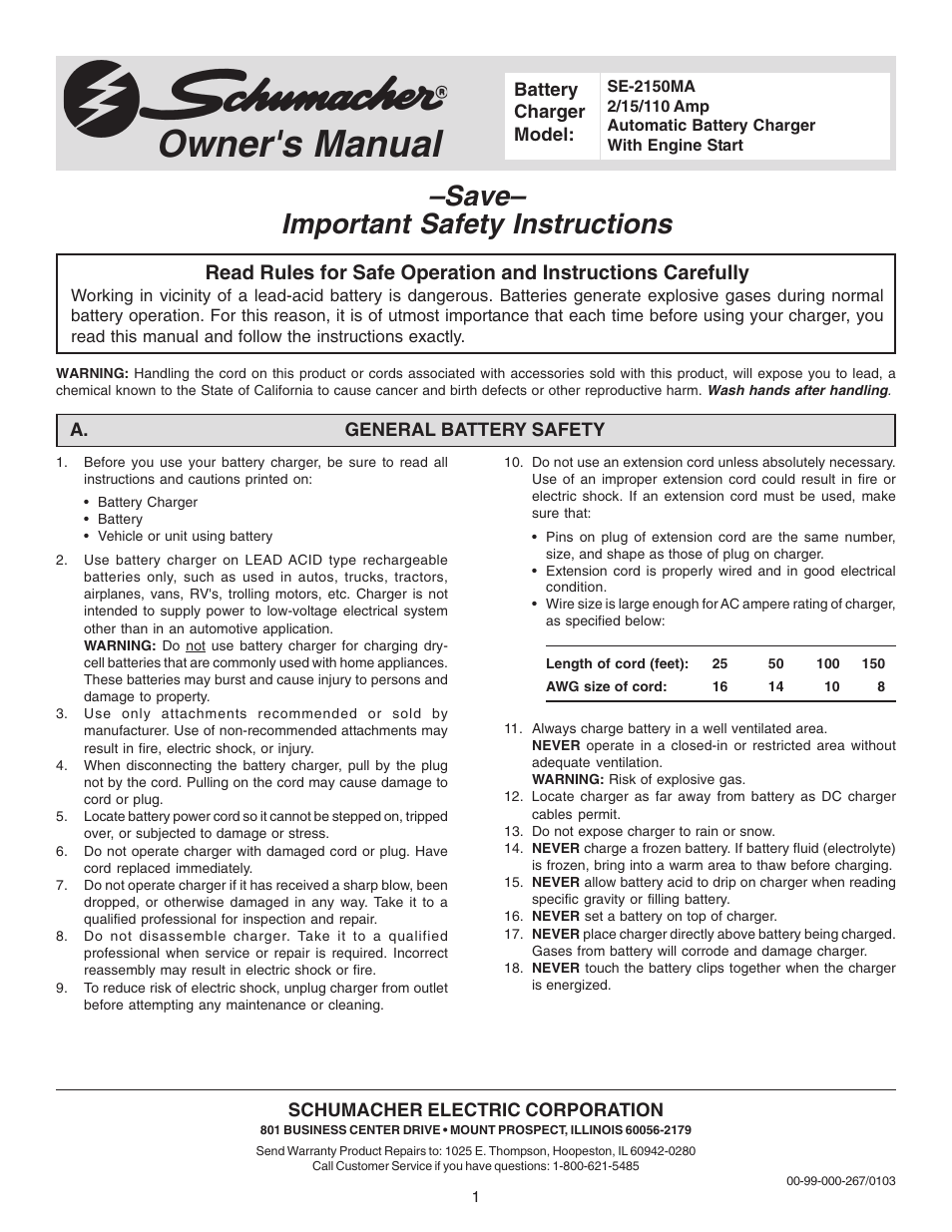 Schumacher SE-2150MA User Manual | 8 pages