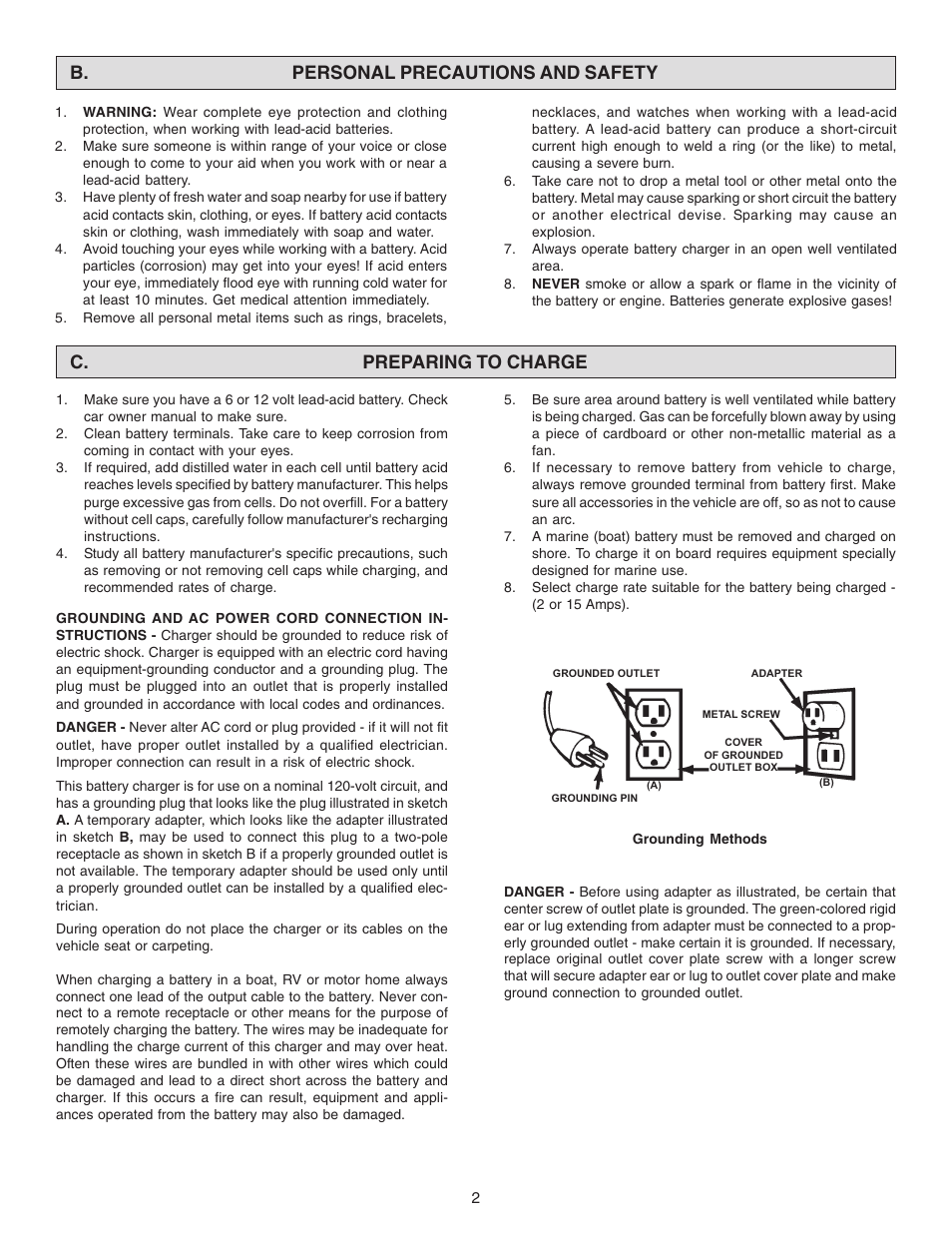 C. preparing to charge, B. personal precautions and safety | Schumacher SE-2150MA User Manual | Page 2 / 8