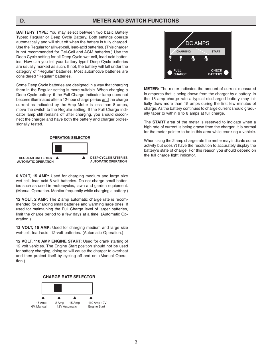 D. meter and switch functions, Dc amps | Schumacher SE-2150MA User Manual | Page 3 / 8