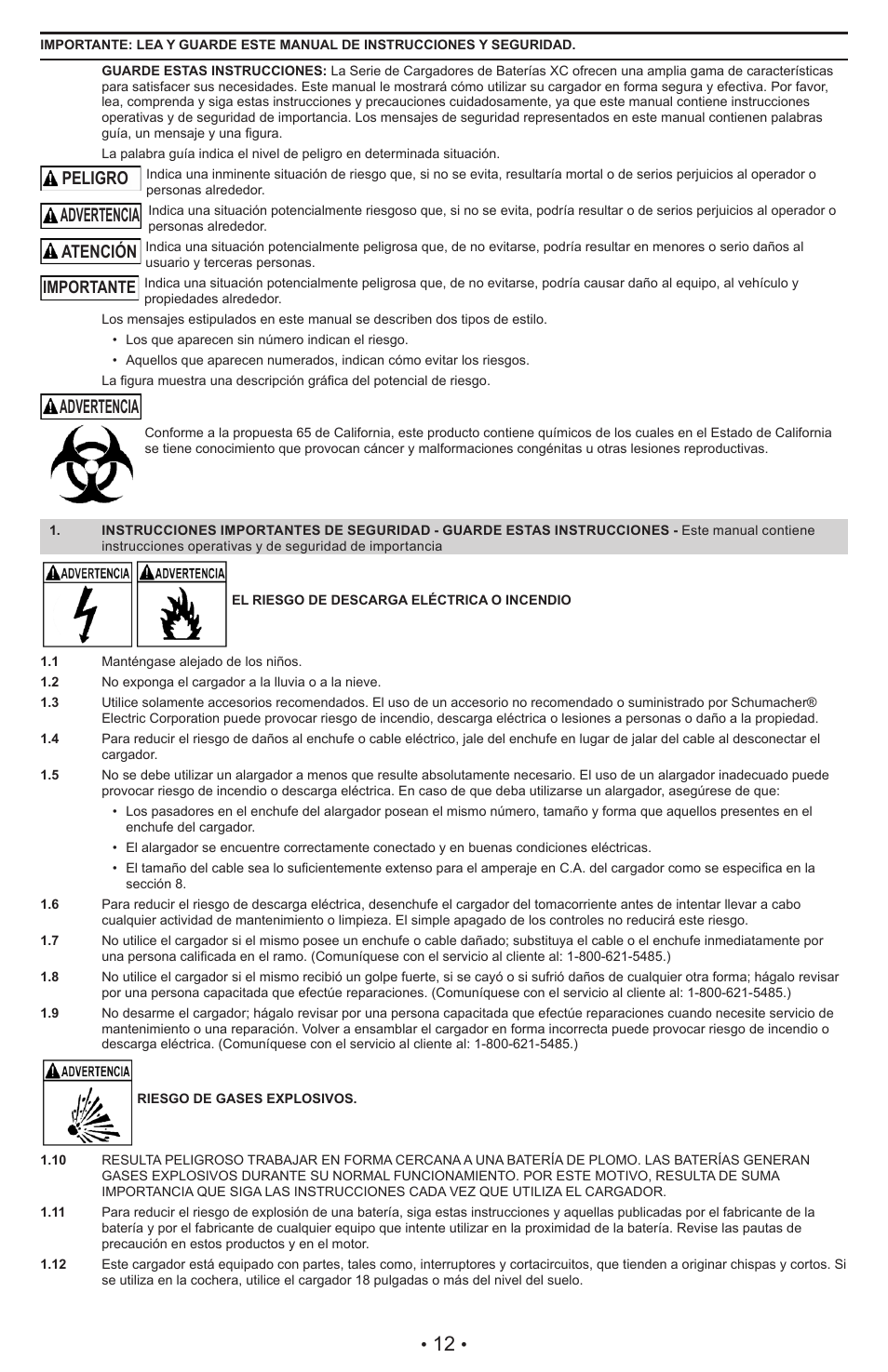 Advertencia, Peligro atención | Schumacher XC6 User Manual | Page 15 / 28
