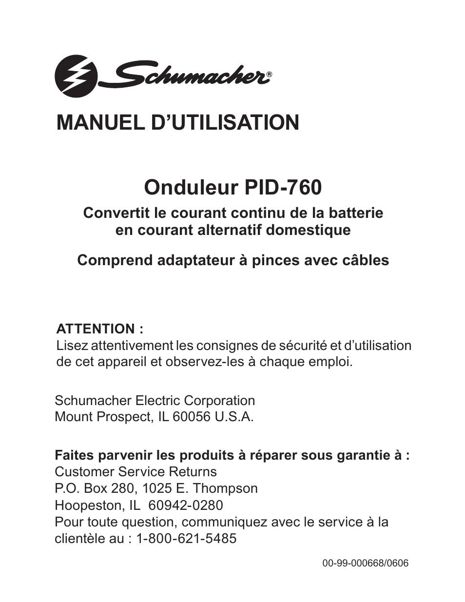 99-000668-0606_french, Onduleur pid-760, Manuel d’utilisation | Schumacher PID-760 User Manual | Page 12 / 35