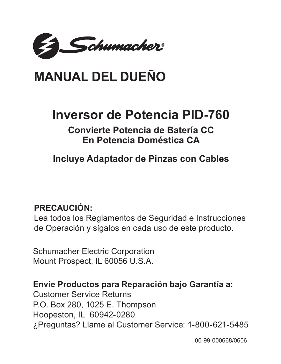 99-000668-0606_spanish, Inversor de potencia pid-760, Manual del dueño | Schumacher PID-760 User Manual | Page 24 / 35