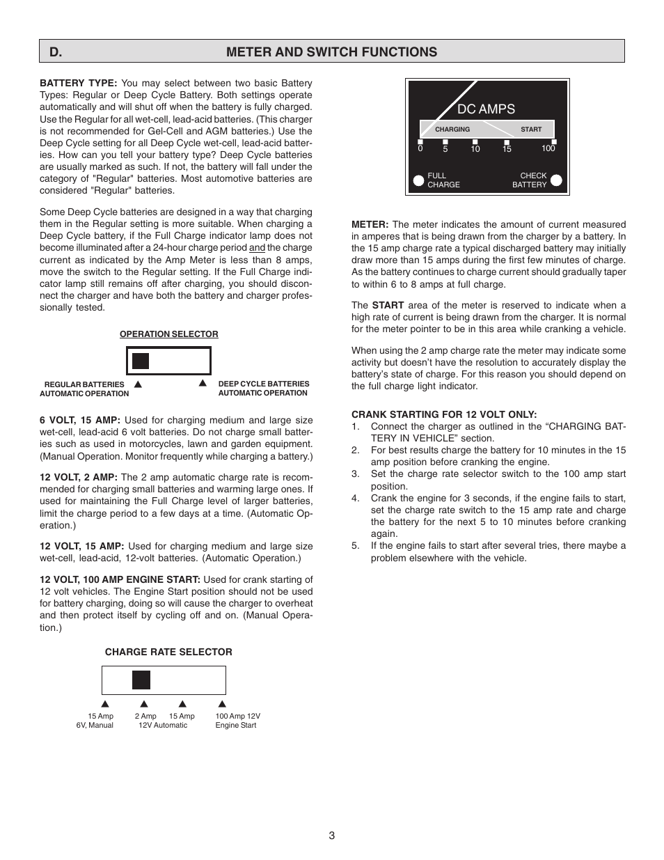 Dc amps, D. meter and switch functions | Schumacher SE-2151MA  ES User Manual | Page 3 / 8