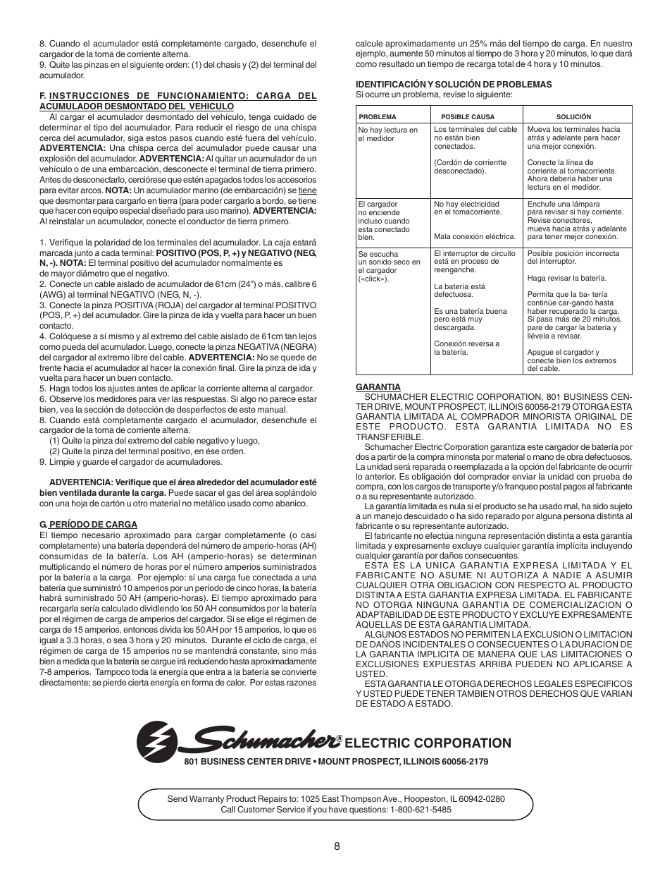 Electric corporation | Schumacher SE-2151MA  ES User Manual | Page 8 / 8