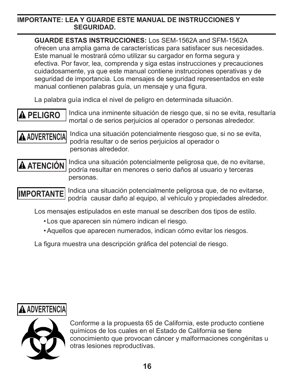 Advertencia, Peligro, Atención | Importante | Schumacher SEM-1562A User Manual | Page 21 / 52
