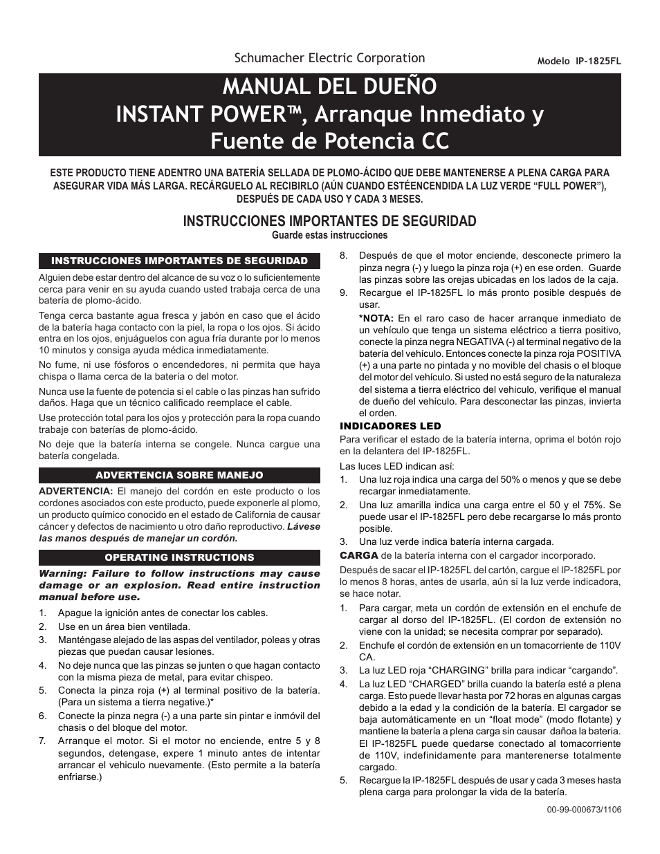 99-000673-1106_spanish.pdf, Instrucciones importantes de seguridad | Schumacher IP-1825FL User Manual | Page 6 / 8