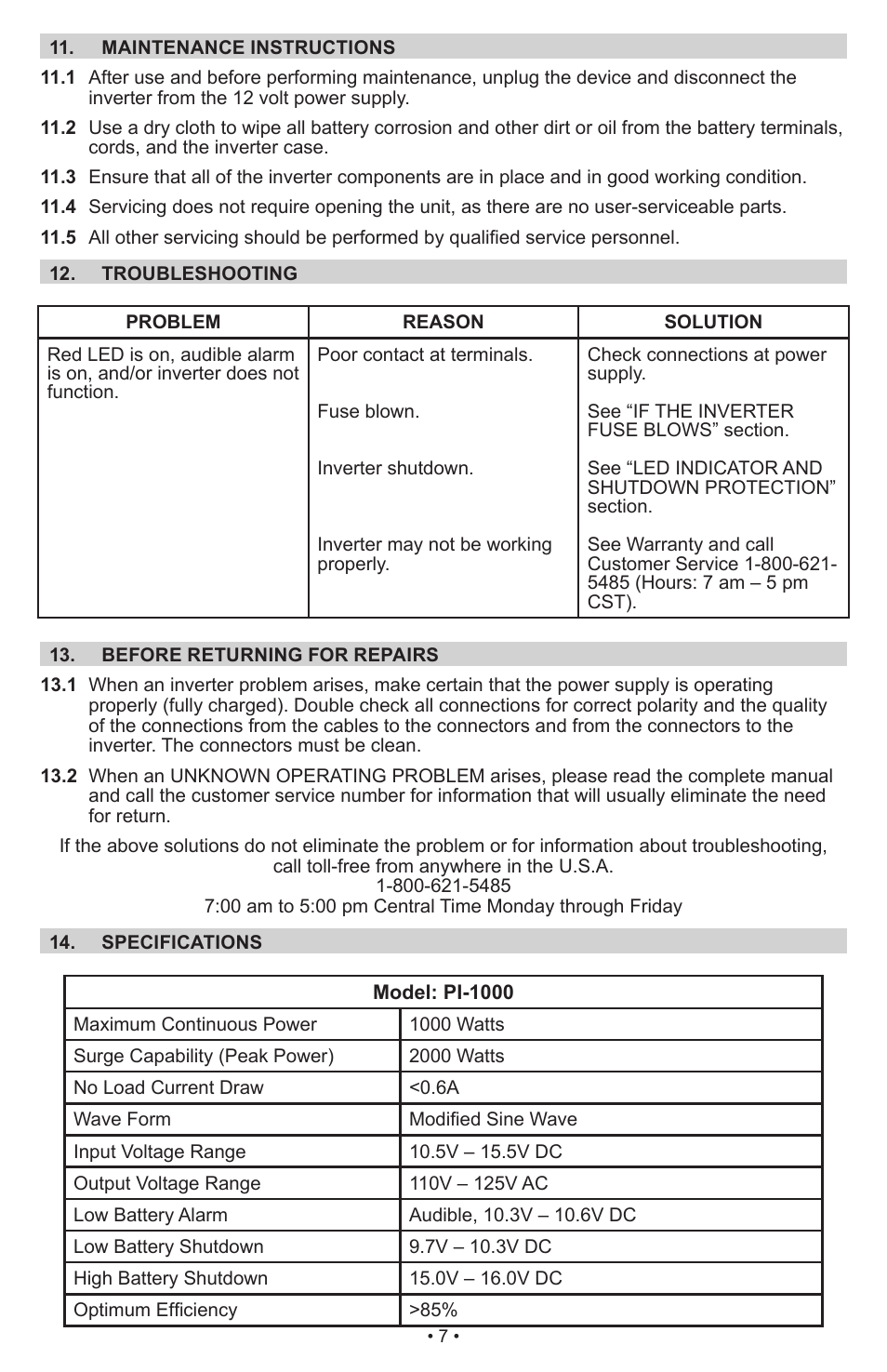 Schumacher Power Inverter PI-1000 User Manual | Page 10 / 28
