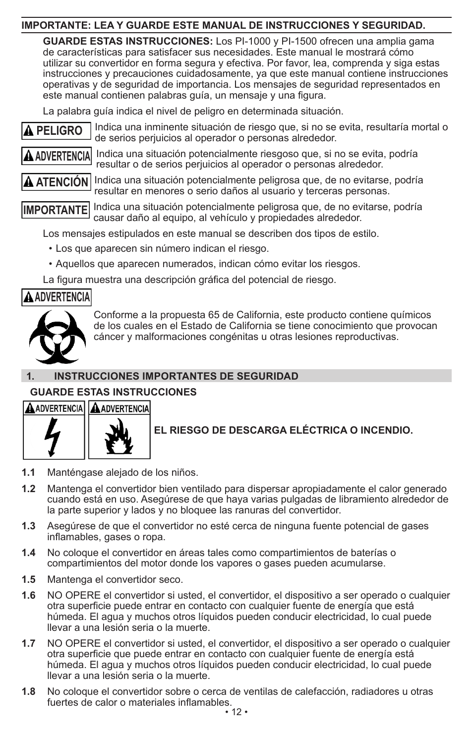 Advertencia, Peligro, Atención importante | Schumacher Power Inverter PI-1000 User Manual | Page 15 / 28
