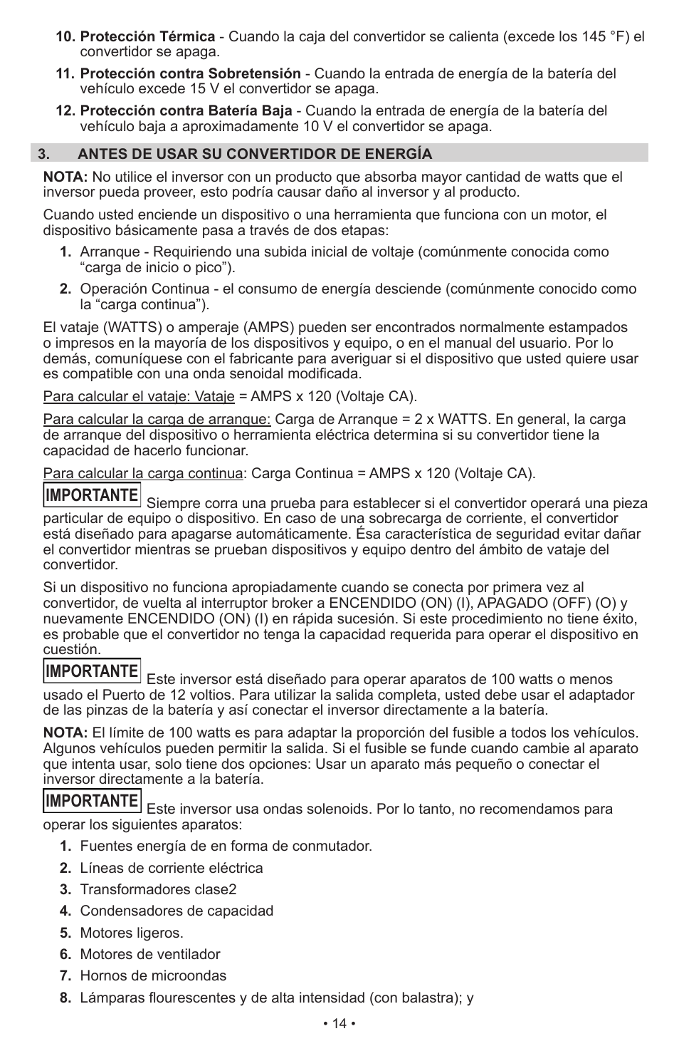 Importante | Schumacher Power Inverter PI-1000 User Manual | Page 17 / 28