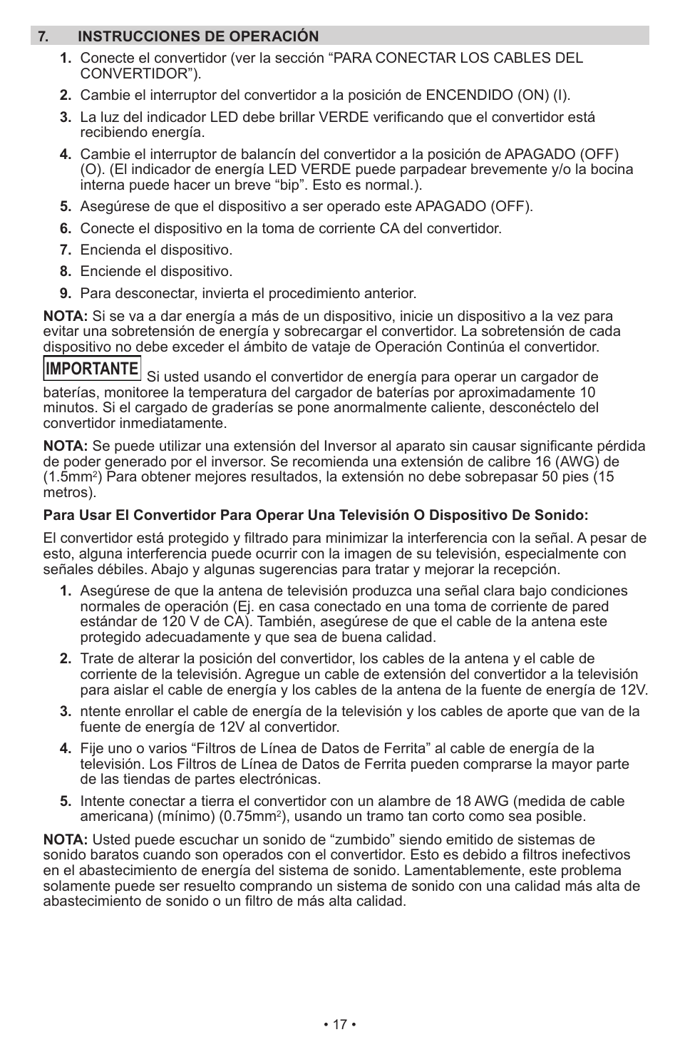 Importante | Schumacher Power Inverter PI-1000 User Manual | Page 20 / 28