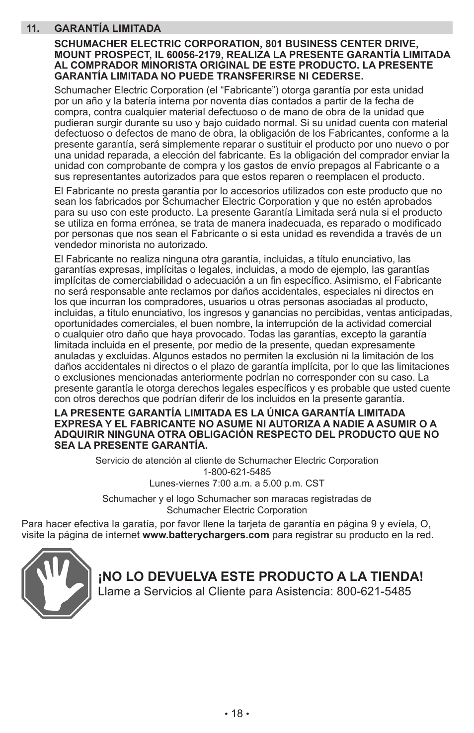 No lo devuelva este producto a la tienda | Schumacher Instant Power Jump Starter and DC Power Source IP-95C User Manual | Page 20 / 20