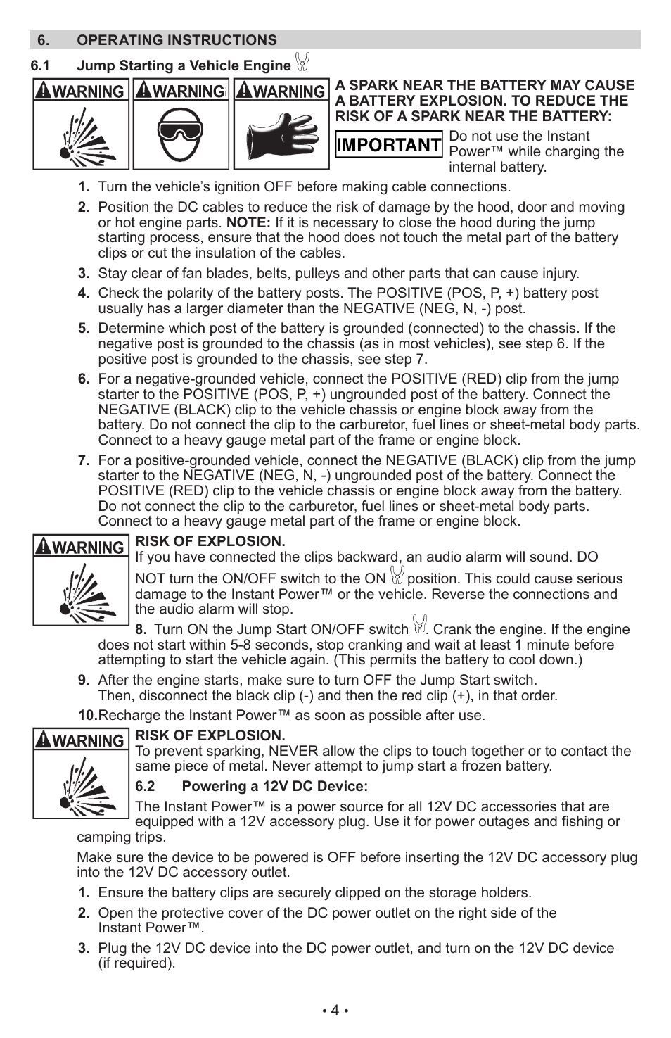 Schumacher Instant Power Jump Starter and DC Power Source IP-95C User Manual | Page 6 / 20