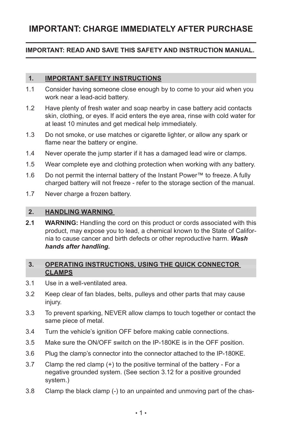 Important, Charge immediately after purchase | Schumacher IP-180KE User Manual | Page 3 / 20