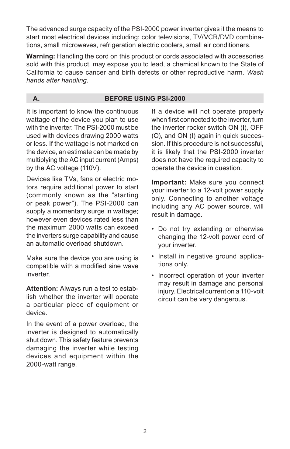 Schumacher PSI-2000 User Manual | Page 2 / 28