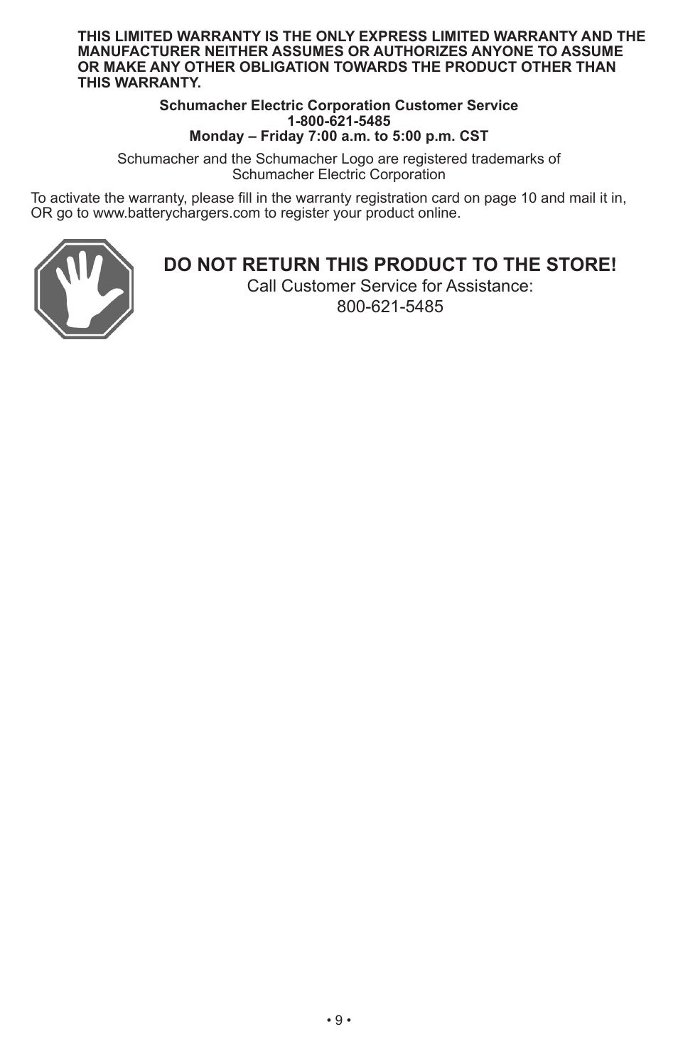 Do not return this product to the store | Schumacher Instant Power Jump Starter and DC Power Source IP-1850FL User Manual | Page 10 / 30