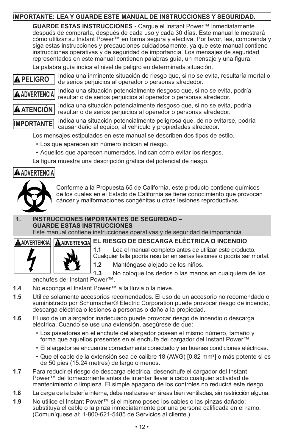 Advertencia, Peligro, Atención importante | Schumacher Instant Power Jump Starter and DC Power Source IP-1850FL User Manual | Page 13 / 30