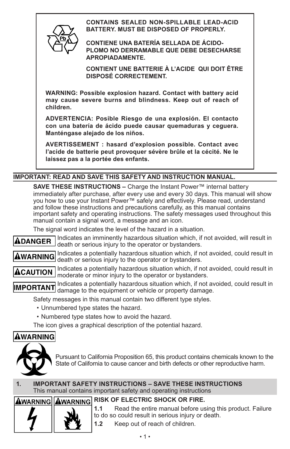Schumacher Instant Power Jump Starter and DC Power Source IP-1850FL User Manual | Page 2 / 30