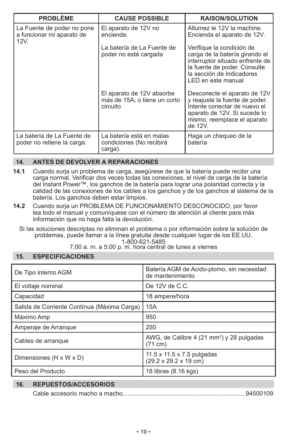 Schumacher Instant Power Jump Starter and DC Power Source IP-1850FL User Manual | Page 20 / 30