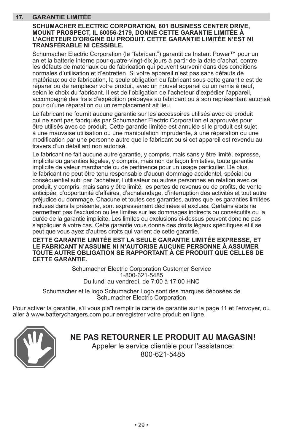 Ne pas retourner le produit au magasin | Schumacher Instant Power Jump Starter and DC Power Source IP-1850FL User Manual | Page 30 / 30