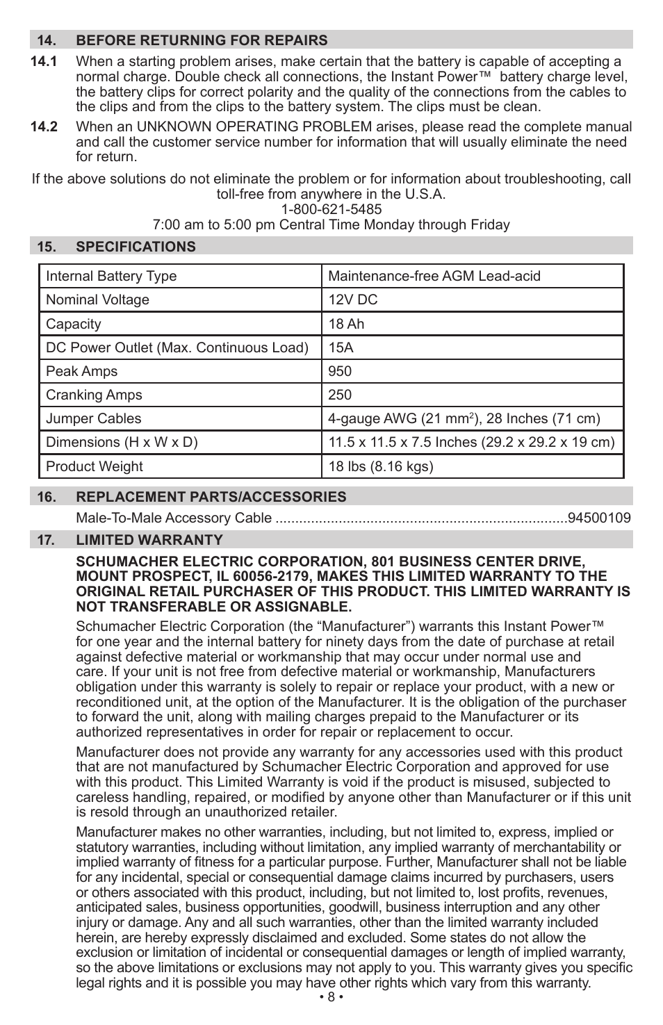 Schumacher Instant Power Jump Starter and DC Power Source IP-1850FL User Manual | Page 9 / 30