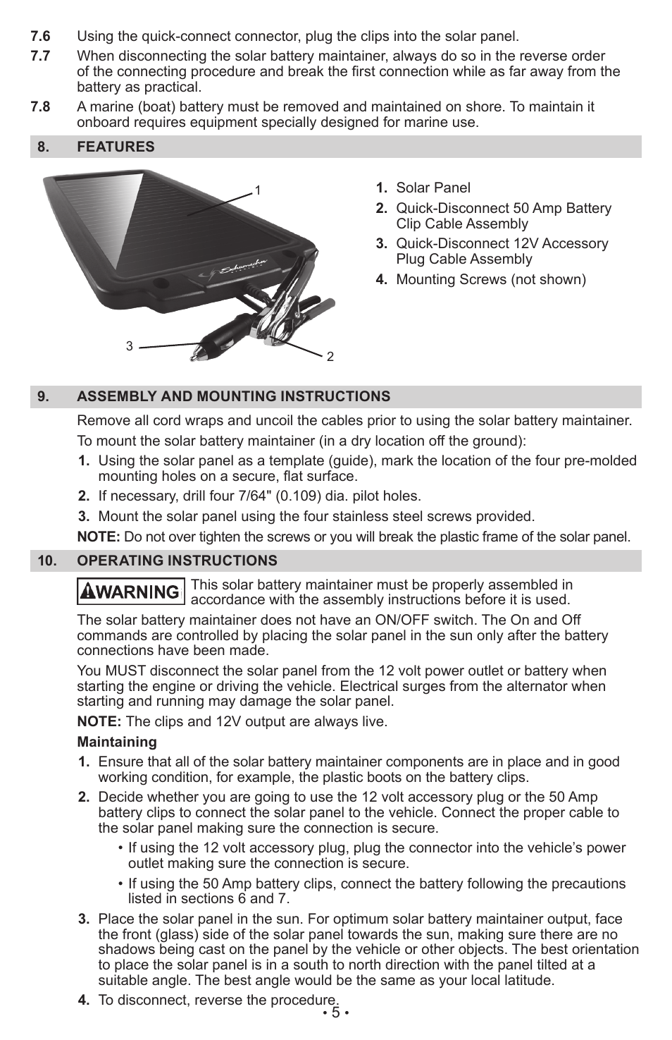 Schumacher Solar Battery Maintainer SP-200 User Manual | Page 5 / 24