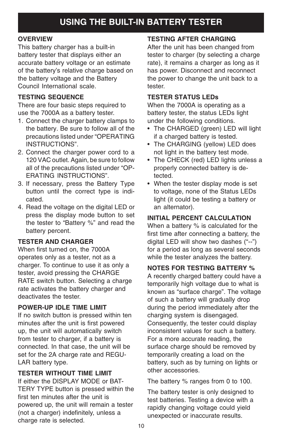 Using the built-in battery tester | Schumacher 7000A User Manual | Page 10 / 16