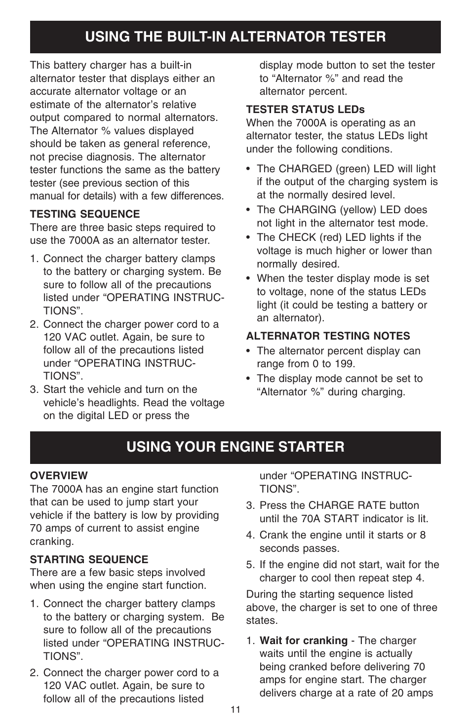 Using the built-in alternator tester, Using your engine starter | Schumacher 7000A User Manual | Page 11 / 16