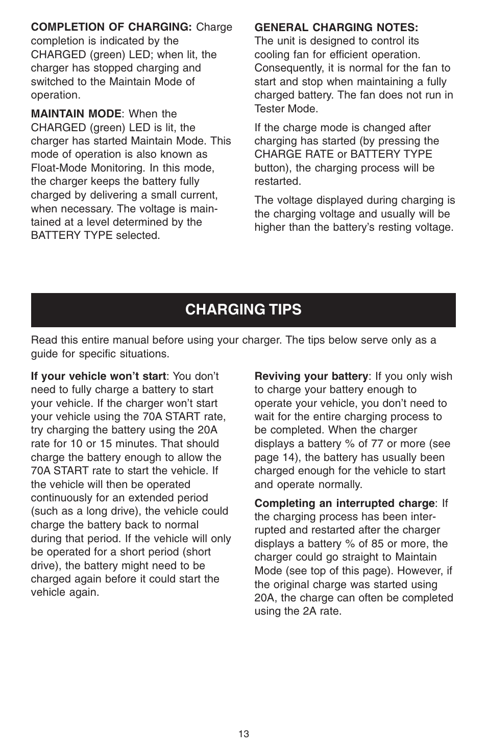 Charging tips | Schumacher 7000A User Manual | Page 13 / 16