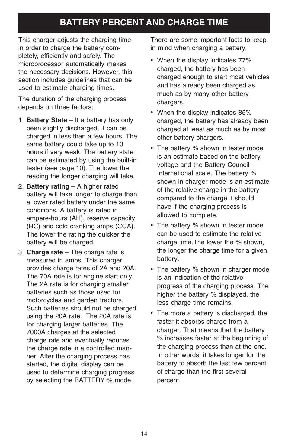 Battery percent and charge time | Schumacher 7000A User Manual | Page 14 / 16