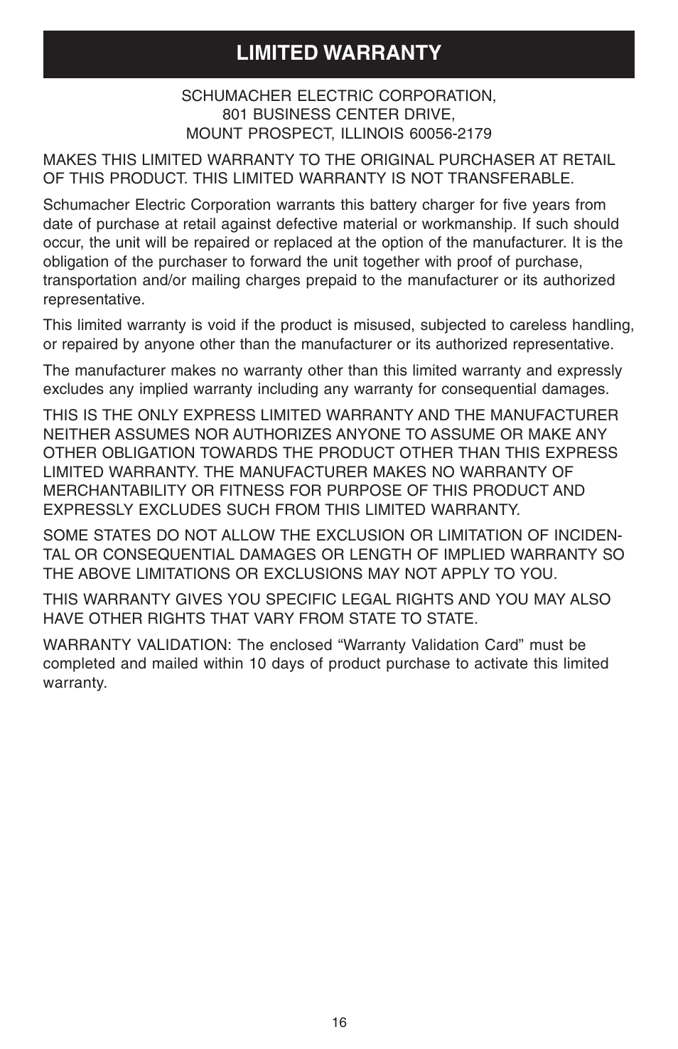 Limited warranty | Schumacher 7000A User Manual | Page 16 / 16