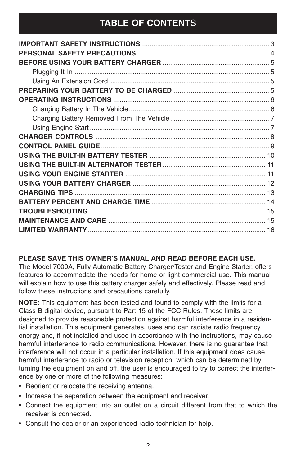 Table of content s | Schumacher 7000A User Manual | Page 2 / 16