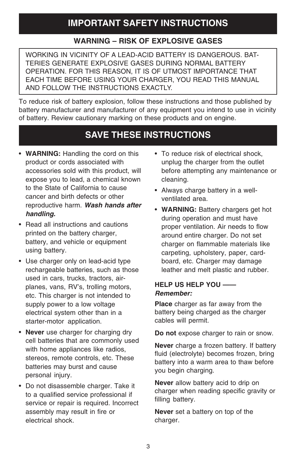 Important safety instructions, Save these instructions | Schumacher 7000A User Manual | Page 3 / 16
