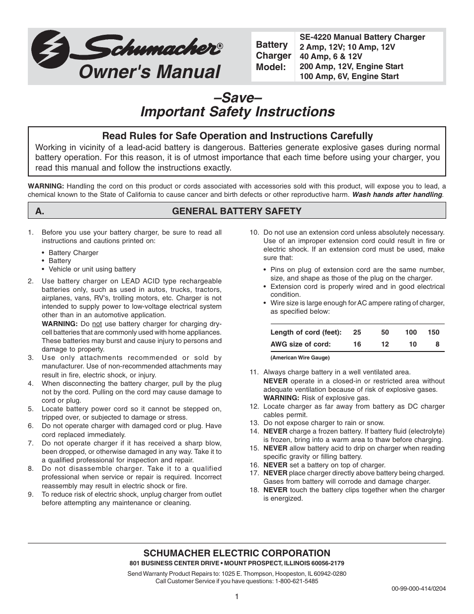 Schumacher SE-4220 User Manual | 8 pages