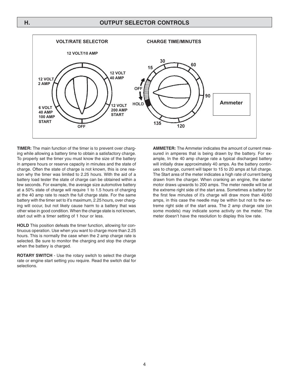 H. output selector controls | Schumacher SE-4220 User Manual | Page 4 / 8