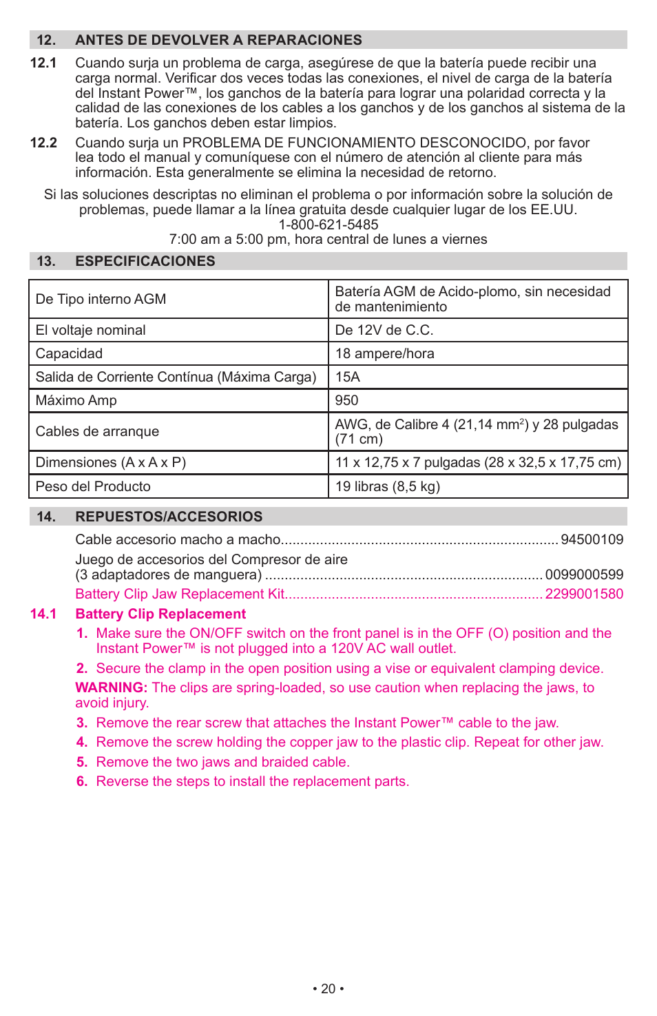 Schumacher Jump Starter and DC Power Source DC Power Supply IP-1875C User Manual | Page 20 / 30