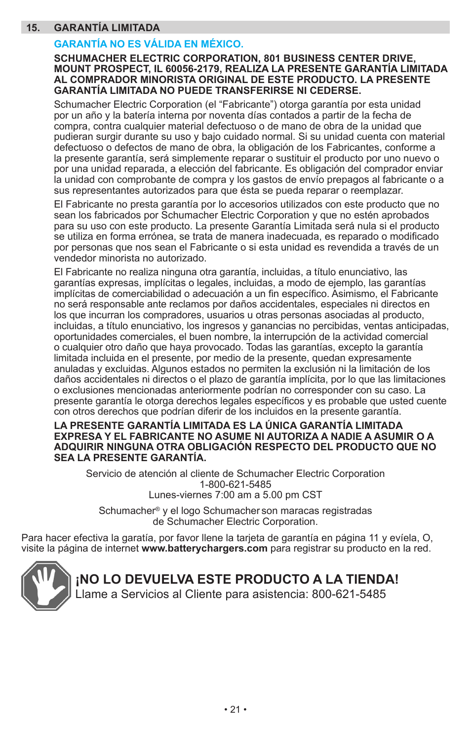 No lo devuelva este producto a la tienda | Schumacher Jump Starter and DC Power Source DC Power Supply IP-1875C User Manual | Page 21 / 30