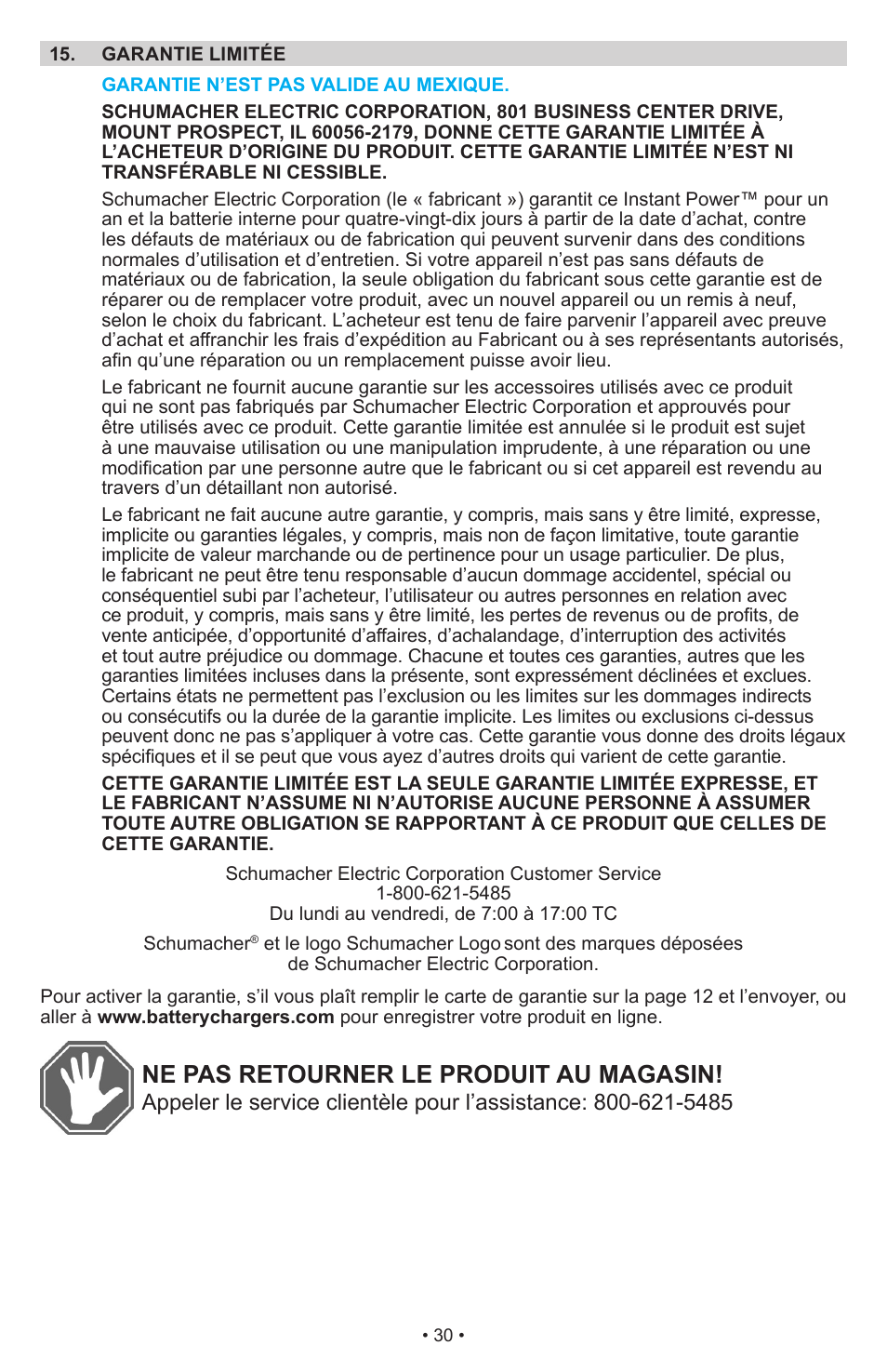 Ne pas retourner le produit au magasin | Schumacher Jump Starter and DC Power Source DC Power Supply IP-1875C User Manual | Page 30 / 30