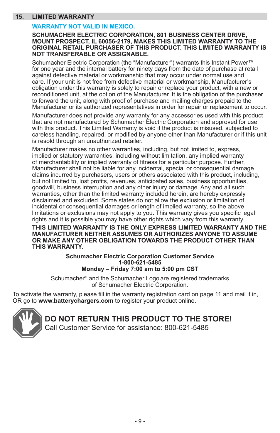 Do not return this product to the store | Schumacher Jump Starter and DC Power Source DC Power Supply IP-1875C User Manual | Page 9 / 30