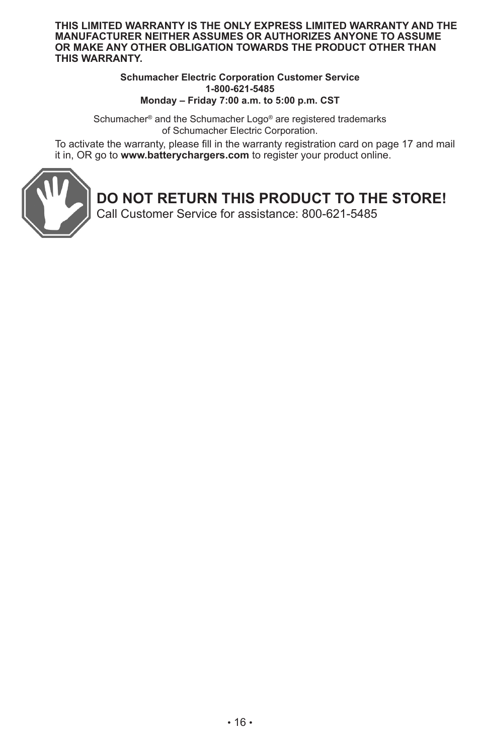 Do not return this product to the store | Schumacher Proseries Manual PSW-22 User Manual | Page 16 / 51